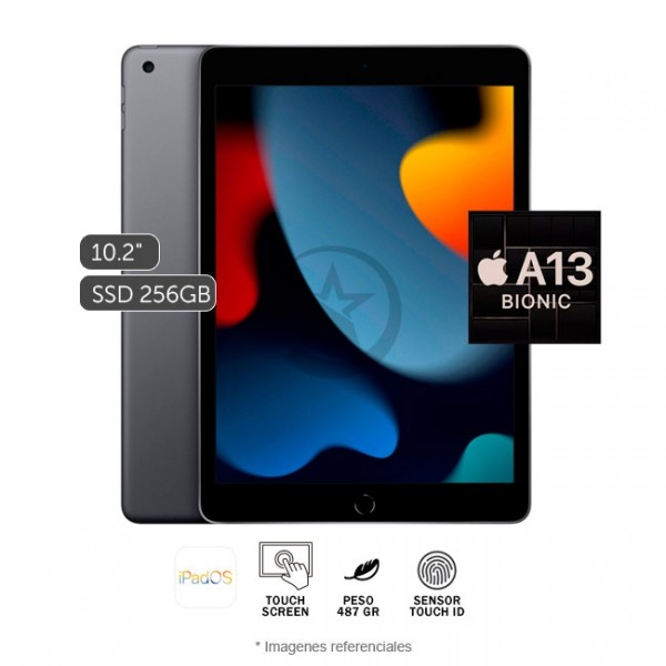 Tablet APPLE iPad 9, Procesador A13 Bionic, Almacenamiento 256GB, cámara frontal 12 MP, cámara trasera 8MP, LED 10.2" (2160 x 1620) IPS Retina, Wi-Fi, IOS 15, Space Gray 
