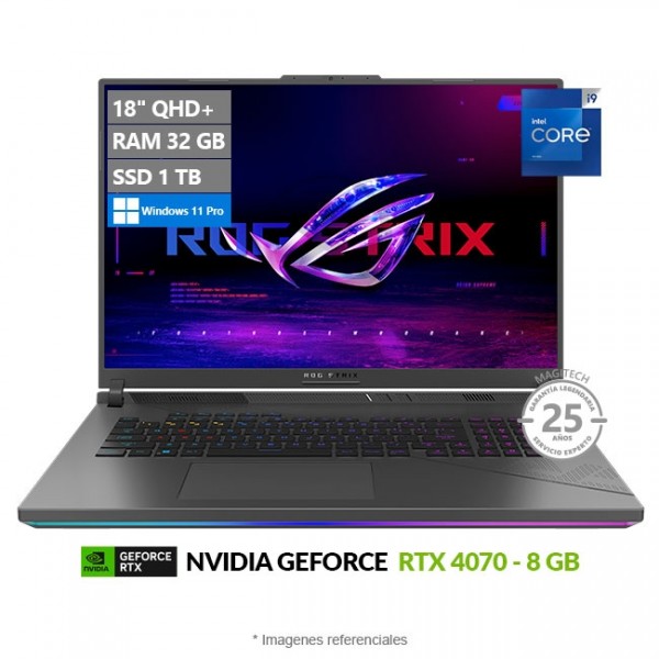 Laptop Asus ROG Strix G814JZ-G18 Gaming, Intel Core i9-14900HX Hasta 5.8 GHz, RAM 32GB, SSD 1TB, Video 8GB NVIDIA RTX 4070, LED 18" IPS QHD+ de 240Hz 100% DCI-P3, Windows 11 Pro 