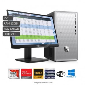 Combo HP Pavilion 590-P0109, AMD A12-9800 3.8GHz, RAM 12GB, Sólido SSD 128GB + HDD 2TB, Wi-Fi, DVD-RW, Windows 10 Home + Monitor HP 22''