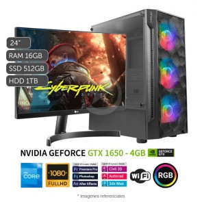 PC MAGIC Gaming Bronze, Intel Core i5-12400F 2.5 GHz, RAM 16GB, SSD 512GB + HDD 1TB, Video 4GB NVIDIA GTX1650, Wi-Fi, Monitor Full HD LED 24'' 